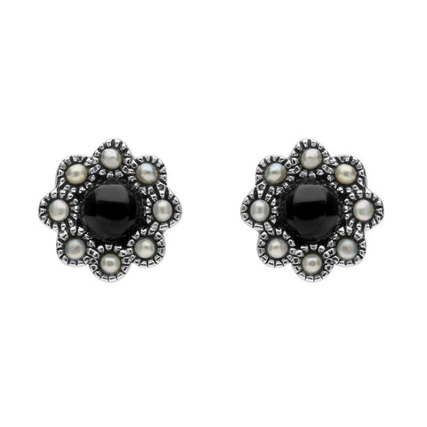 Sterling Silver Whitby Jet Pearl Round Bead Edge Two Piece Set