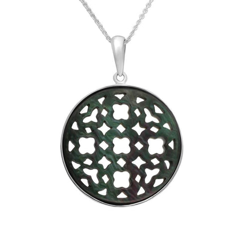 00151389 C W Sellors Silver Dark Mother of Pearl Large Clover Cut Out Round Necklace, P3167.