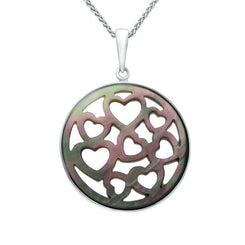 00151391 C W Sellors Silver Dark Mother of Pearl Large Heart Cut Out Round Necklace, P3169.