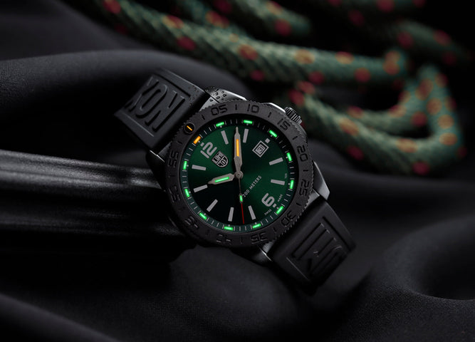Luminox Pacific Diver Black Steel Green Watch XS.3137.B - UV light view