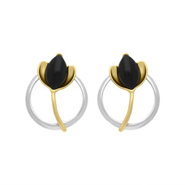 Yellow Gold Plated Sterling Silver Whitby Jet Open Circle Leaf Earrings, E2619