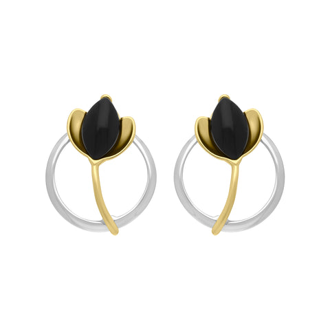 Yellow Gold Plated Sterling Silver Whitby Jet Open Circle Leaf Earrings, E2619