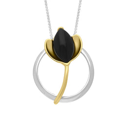 Yellow Gold Plated Sterling Silver Whitby Jet Open Circle Leaf Necklace, P3775