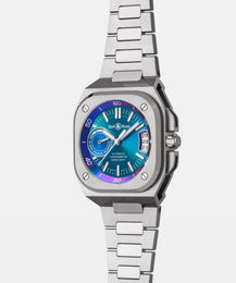 Silver watch with a blue face on a white background