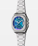 Silver watch with a blue face on a white background