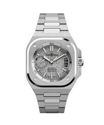 A stainless steel automatic chronograph watch by Bell & Ross, featuring a brushed metal case, integrated bracelet, and a detailed silver-toned dial with a date window.