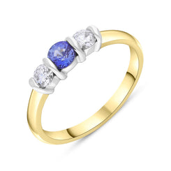 18ct Yellow and White Gold .30 Sapphire .26 3 Stone Diamond Bar Ring