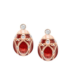Faberge Heritage Rose Gold Diamond Red Guilloche Enamel Stud Earrings