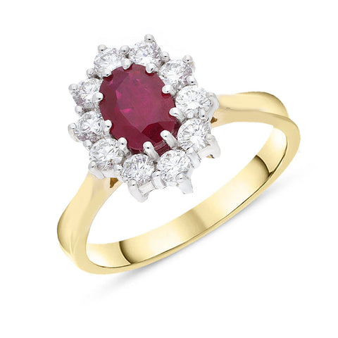 18ct Yellow Gold 1.03ct Ruby and Diamond Oval Cluster Ring