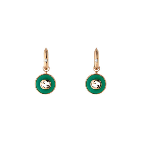 Gucci Interlocking 18ct Rose Gold Green Agate Hoop Earrings D