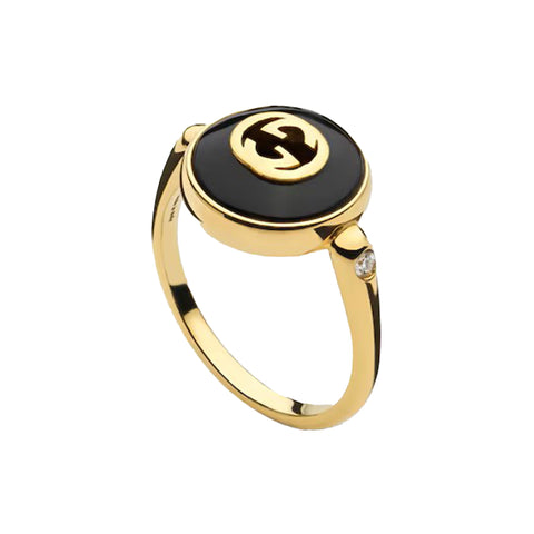 Gucci Interlocking 18ct Yellow Gold Black Onyx Ring
