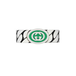 Gucci Interlocking Sterling Silver Green Enamel Band Ring D