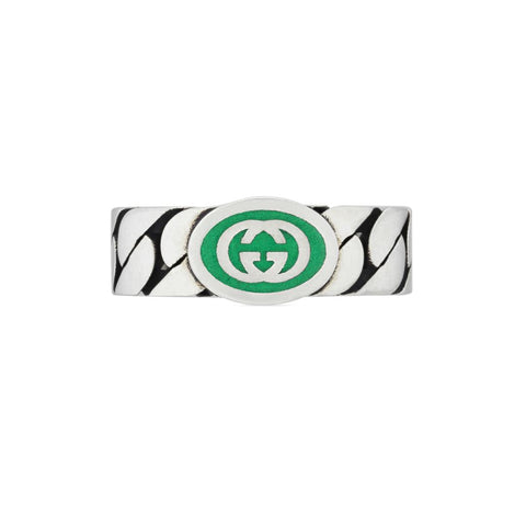 Gucci Interlocking Sterling Silver Green Enamel Band Ring D