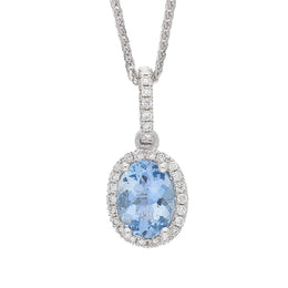18ct White Gold 0.12ct Diamond & 1.03ct Aquamarine Oval Cluster Pendant & Chain