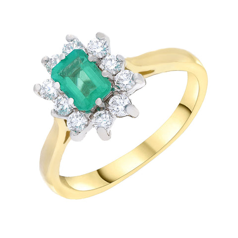 18ct Yellow Gold 0.37ct Diamond & 0.70ct Emerald Cluster Ring
