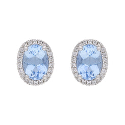 18ct White Gold 0.15ct Diamond & 1.54ct Aquamarine Oval Cluster Earrings