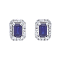 18ct White Gold 0.12ct Diamond 0.71ct Sapphire Ecut Claw Pavé Cluster Earrings