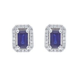 18ct White Gold 0.12ct Diamond 0.71ct Sapphire Ecut Claw Pavé Cluster Earrings