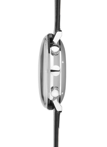 Junghans Max Bill Chronoscope Watch with silver dial, leather strap, steel case
