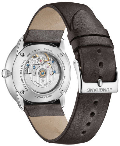 Junghans Meister Fein Automatic Watch with silver dial, leather strap, steel case