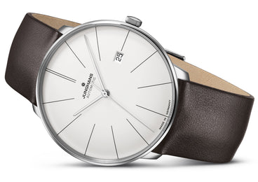Junghans Meister Fein Automatic Watch with silver dial, leather strap, steel case