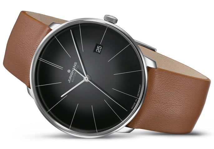 Junghans Meister Fein Automatic Watch with black dial, leather strap, steel case