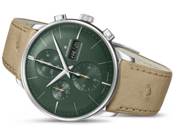 Junghans Meister Chronoscope Watch with green dial, leather strap, steel case