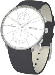 Junghans Meister Fein Chronoscope Mega Solar Watch with white dial, leather strap, steel case
