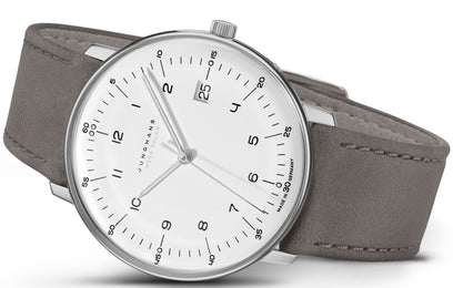 Junghans Max Bill MEGA Solar Watch with white dial, leather strap, titanium case