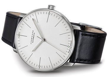 Junghans Max Bill Automatic Watch with white dial, leather strap, steel case