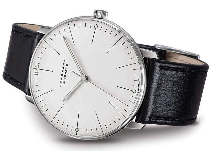 Junghans Max Bill Automatic Watch with white dial, leather strap, steel case