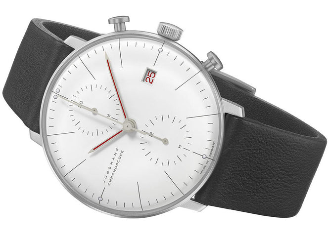 Junghans Max Bill Chronoscope Watch with white dial, leather strap, steel case