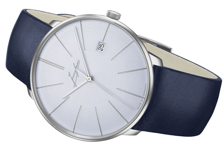 Junghans Meister Fein Automatic Signatur Watch with blue dial, leather strap, steel case