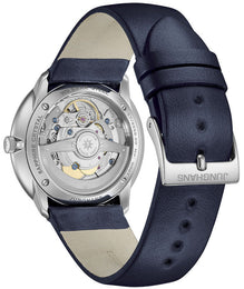 Junghans Meister Fein Automatic Signatur Watch with blue dial, leather strap, steel case