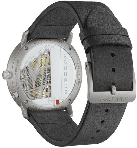 Junghans Max Bill Mega Solar Bauhaus Watch with silver dial, leather strap, titanium case