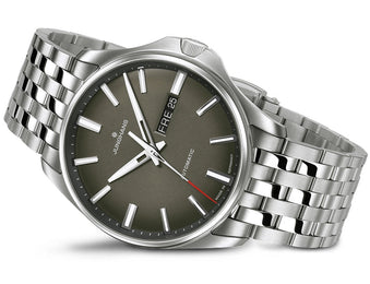 Junghans Meister S Automatic English Day Date Watch with green dial, steel bracelet, steel case