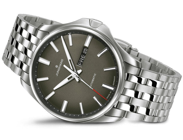 Junghans Meister S Automatic English Day Date Watch with green dial, steel bracelet, steel case