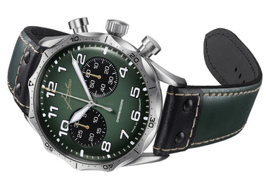 Junghans Pilot Chronoscope Watch with green dial, leather strap, steel case
