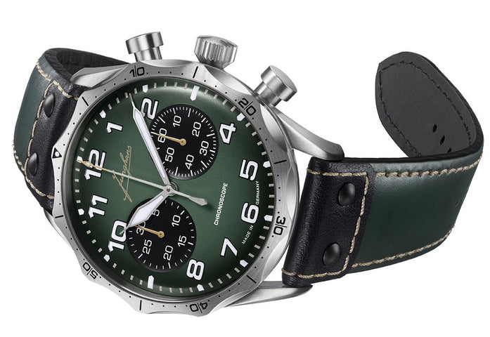 Junghans Pilot Chronoscope Watch with green dial, leather strap, steel case