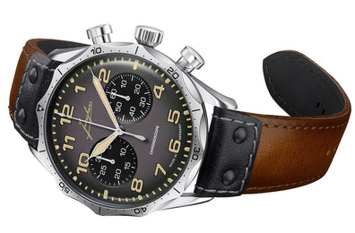 Junghans Pilot Chronoscope Watch with grey dial, leather strap, steel case