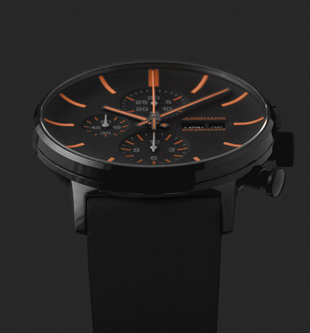 Junghans Form A Chronoscope Watch with black dial, leather strap, black pvd case