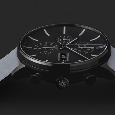 Junghans Form A Chronoscope Watch with black dial, leather strap, black pvd case