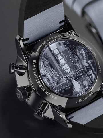 Junghans Form A Chronoscope Watch with black dial, leather strap, black pvd case
