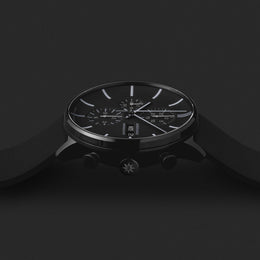 Junghans Form A Chronoscope Watch with black dial, leather strap, black pvd case