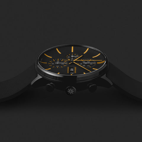 Junghans Form A Chronoscope Watch with black dial, leather strap, black pvd case