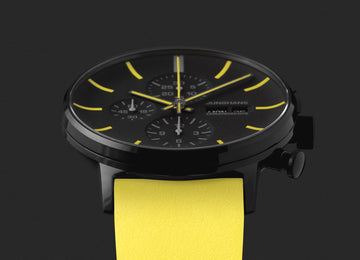 Junghans Form A Chronoscope Watch with black dial, leather strap, black pvd case
