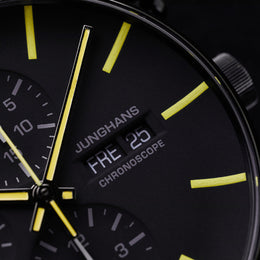 Junghans Form A Chronoscope Watch with black dial, leather strap, black pvd case