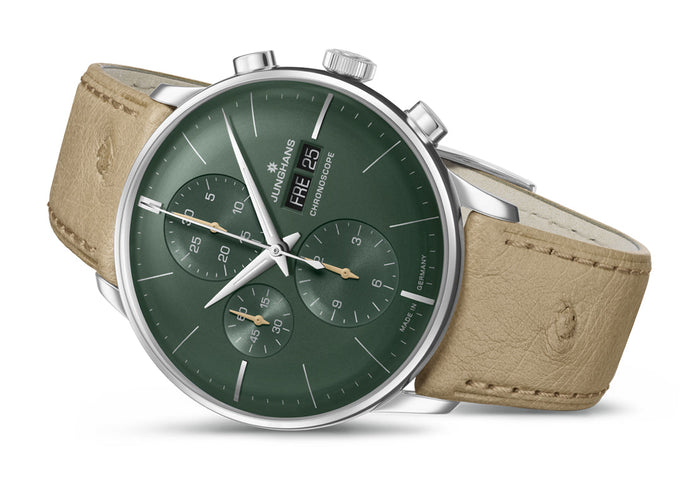 Junghans Meister Chronoscope Watch with green dial, leather strap, steel case