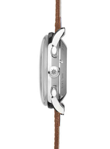 Junghans Meister Chronoscope Watch with blue dial, leather strap, steel case