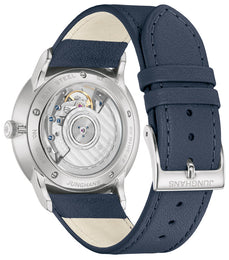 Junghans Meister Worldtimer Watch with blue dial, leather strap, steel case
